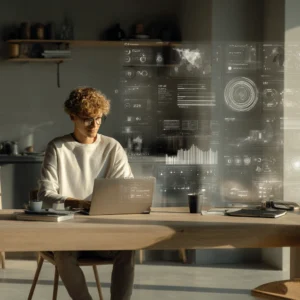 En person som sitter vid ett skrivbord och interagerar med ett AI-gränssnitt på en datorskärm för att söka jobb.