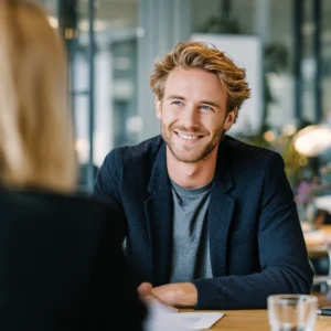 En person som självsäkert pratar med en rekryterare i en modern kontorsmiljö, utan papper emellan dem.