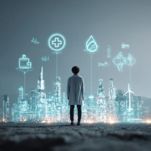 En person som tittar ut över ett futuristiskt stadslandskap med digitala ikoner som symboliserar olika branscher.