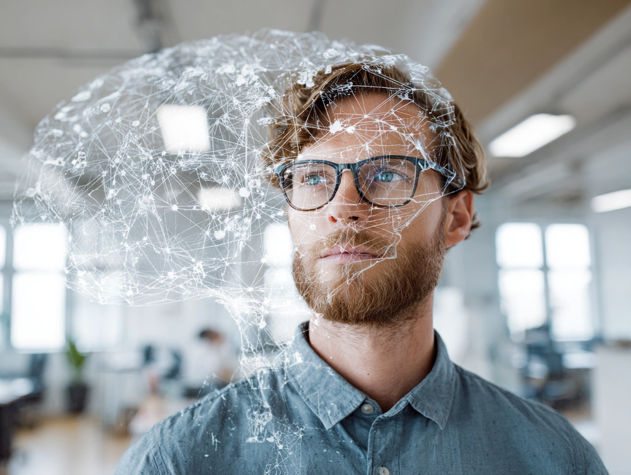 En person som planerar sin karriärutveckling med en blandning av digitala ikoner och mänskliga symboler.