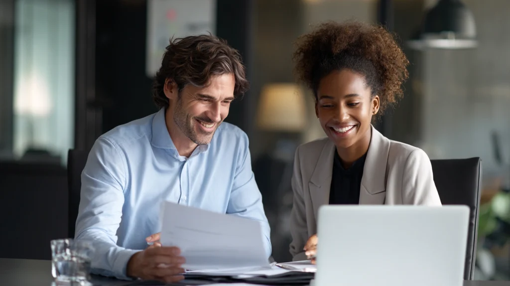 Två kollegor som sitter tillsammans och konstruktivt granskar ett CV på en datorskärm.