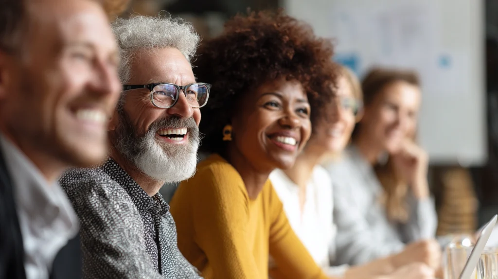 Ett mångfaldigt team som samarbetar framgångsrikt runt ett bord, vilket symboliserar ett inkluderande ledarskap.