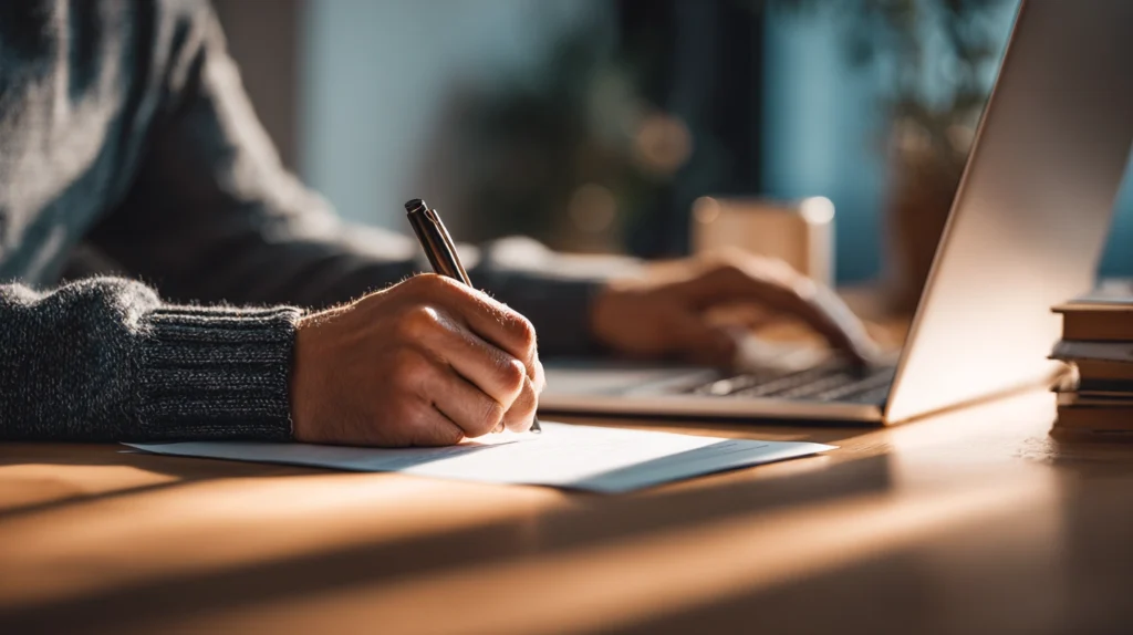 En person som fokuserat arbetar med att skriva ett bra CV på sin laptop vid ett stilrent skrivbord.