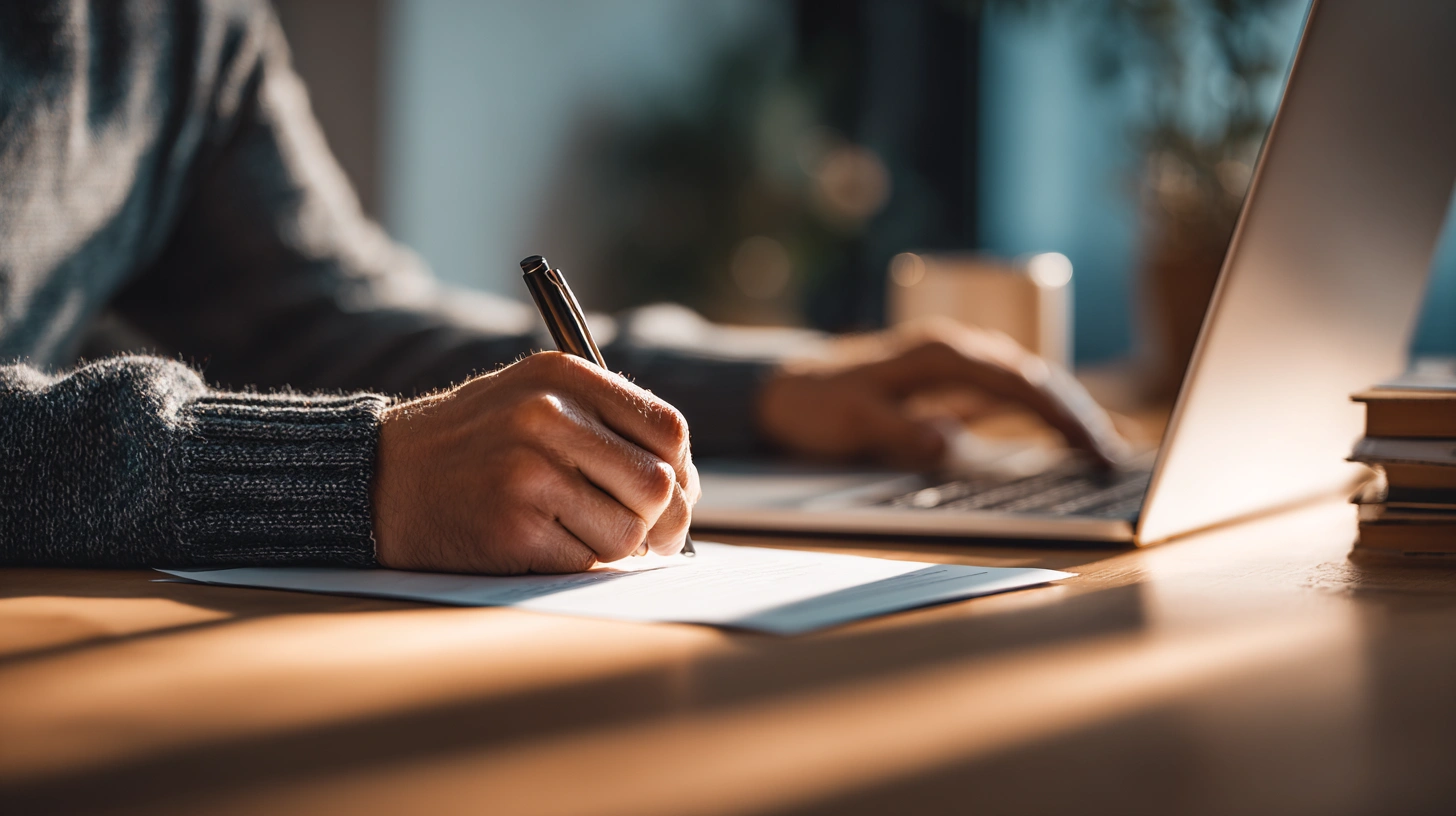 En person som fokuserat arbetar med att skriva ett bra CV på sin laptop vid ett stilrent skrivbord.