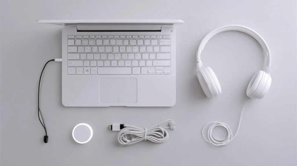 En checklista med ikoner för headset, nätverkskabel, webbkamera och bra belysning.