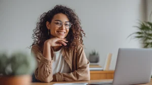 En person som sitter vid ett skrivbord och genomför en lyckad digital intervju med ett leende.