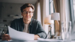 En person som sitter vid ett skrivbord och förbereder sig inför en anställningsintervju med anteckningar